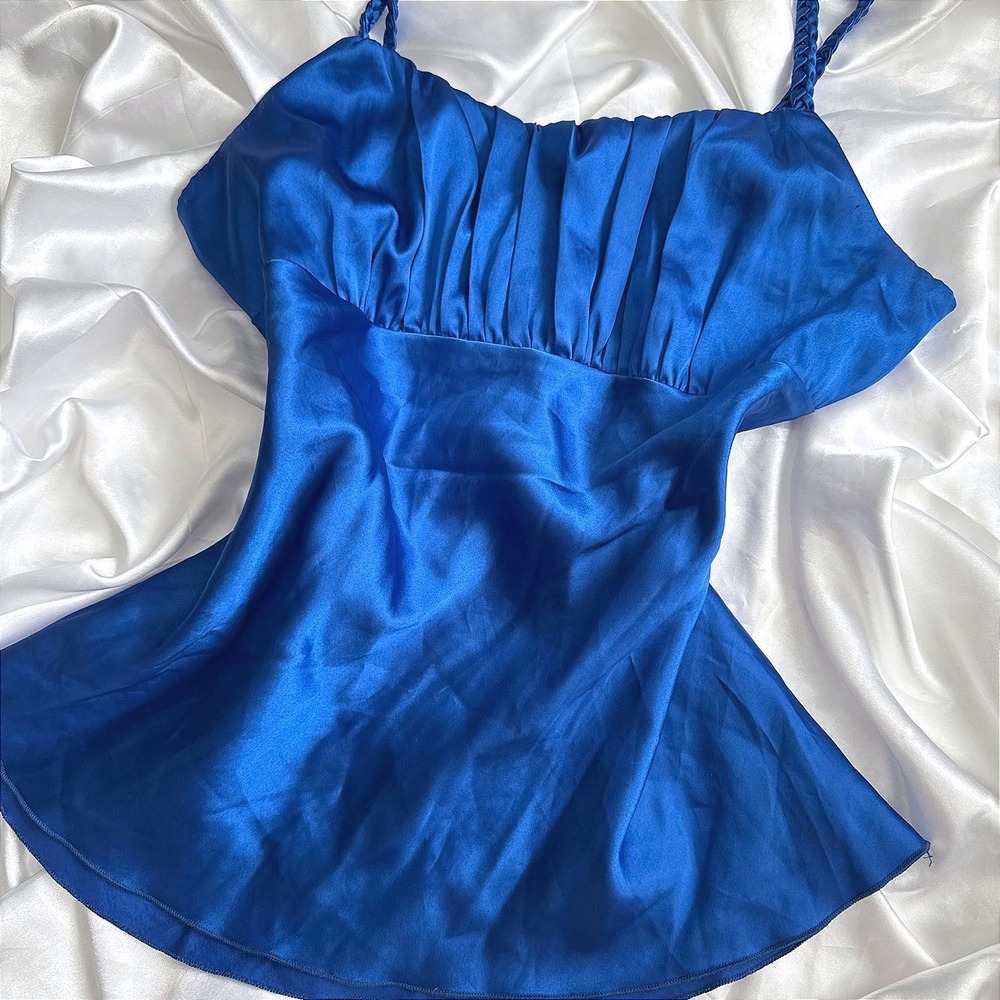 IZ Byer California Royal Blue Satin Braided Strap Pleated Camisole Top Large
